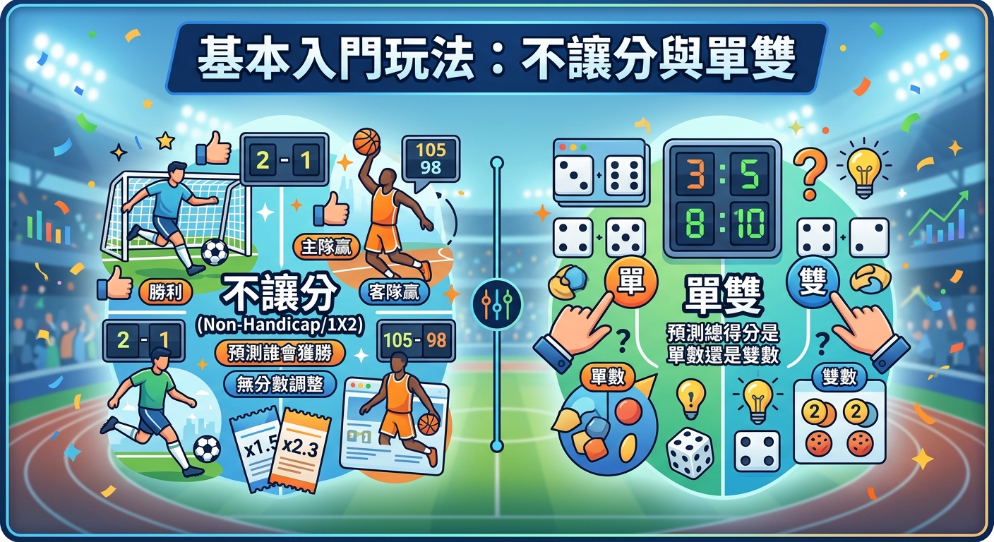 這張圖像是關於體育投注基本入門玩法的教學懶人包,背景為熱情的運動賽場。 畫面分為兩大核心區域,分別透過動態的球員插圖與清晰的圖示,直觀展示「不讓分(預測勝負)」與「單雙(預測總得分)」的概念。