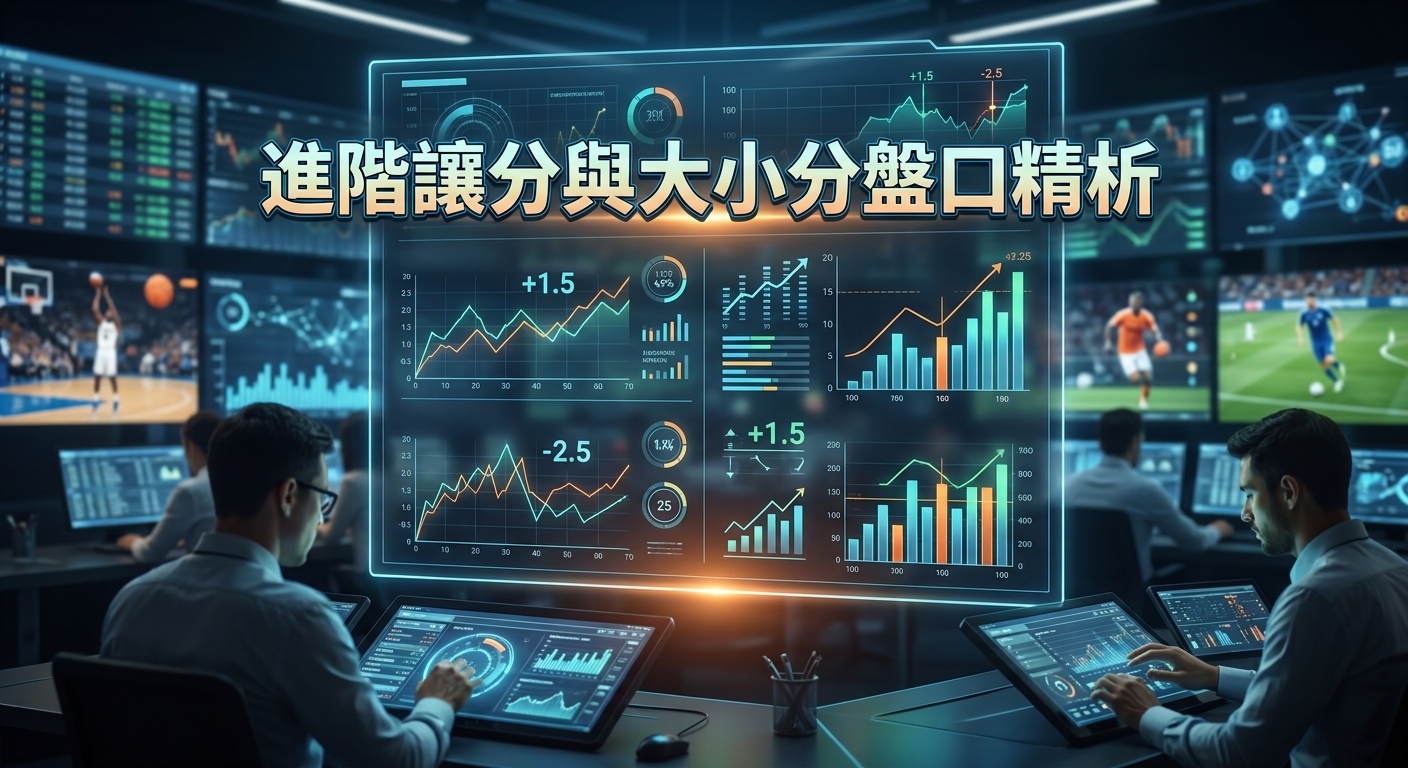 這張圖片呈現了一個現代化且充滿科技感的體育數據分析中心,分析師正透過螢幕監控各項賽事圖表。 中央的大螢幕上以顯眼的繁體中文標題展示「進階讓分與大小分盤口精析」,突顯專業的賽事盤口分析主題。