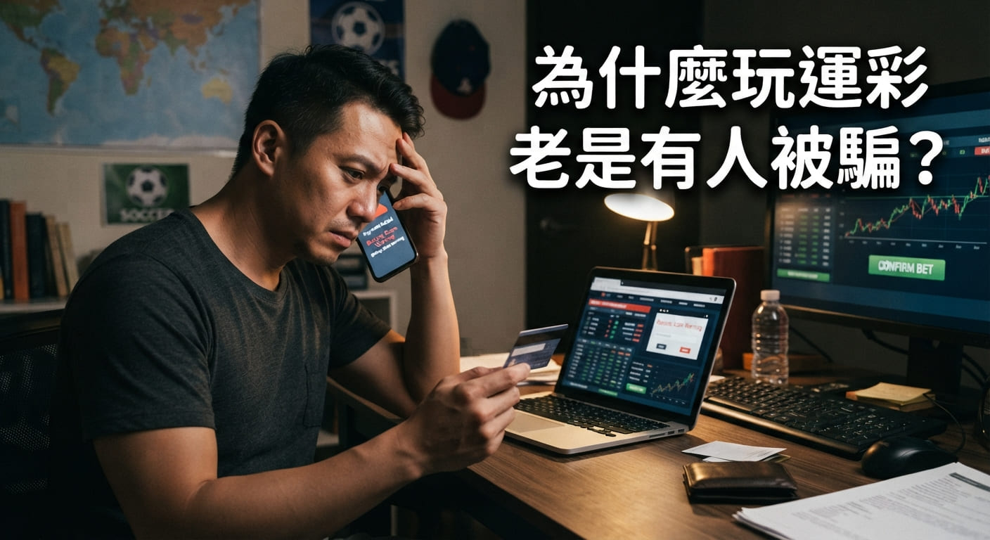 圖片展示了一名男子手拿信用卡和手機,神情苦惱地坐在電腦前。 畫面右上方清晰印著標題文字「為什麼玩運彩老是有人被騙?」。