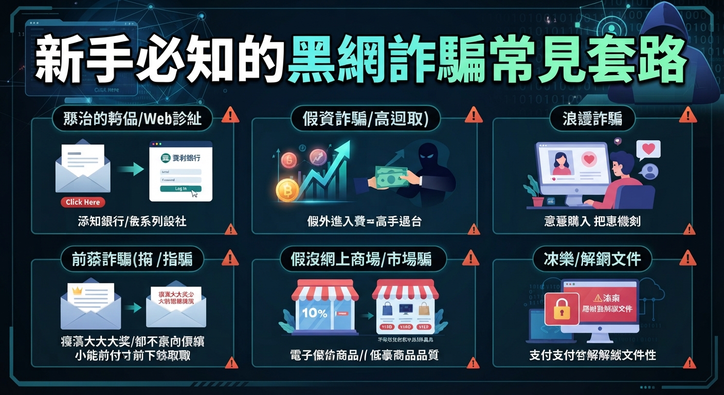 這裡展示了一張圖表,主題為「新手必知的黑網詐騙常見套路」,並羅列了多種常見的網路詐騙手法與警告標示。