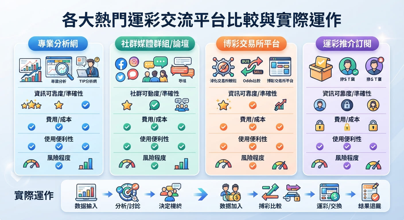 本圖比較了各大熱門運彩交流平台的特點，並以表格與圖示展示其資訊可靠度、費用及實際運作流程。