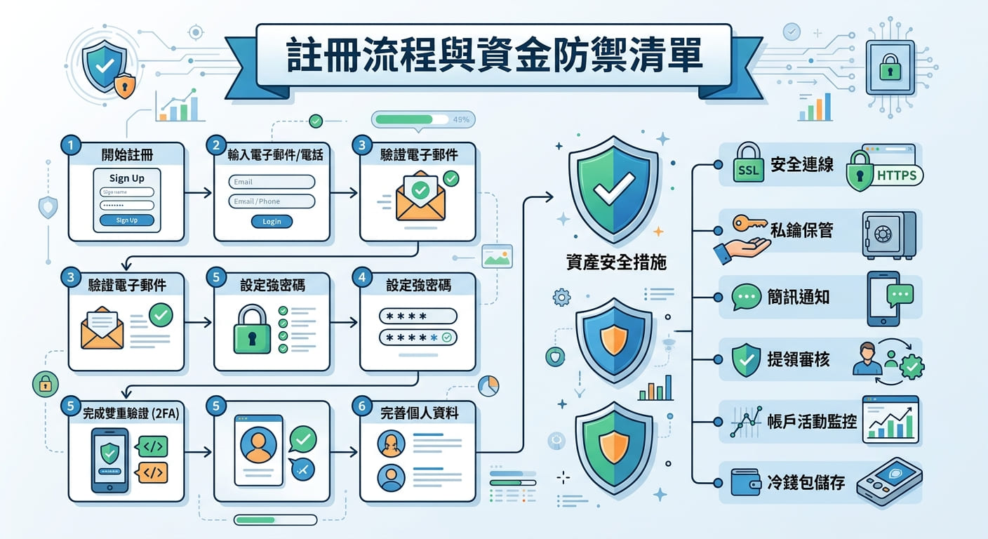這張圖表詳細展示了帳戶註冊與身份驗證的循序步驟流程。 同時配合多項安全防護措施與圖示,清晰呈現完整的資金與帳戶安全防禦架構。