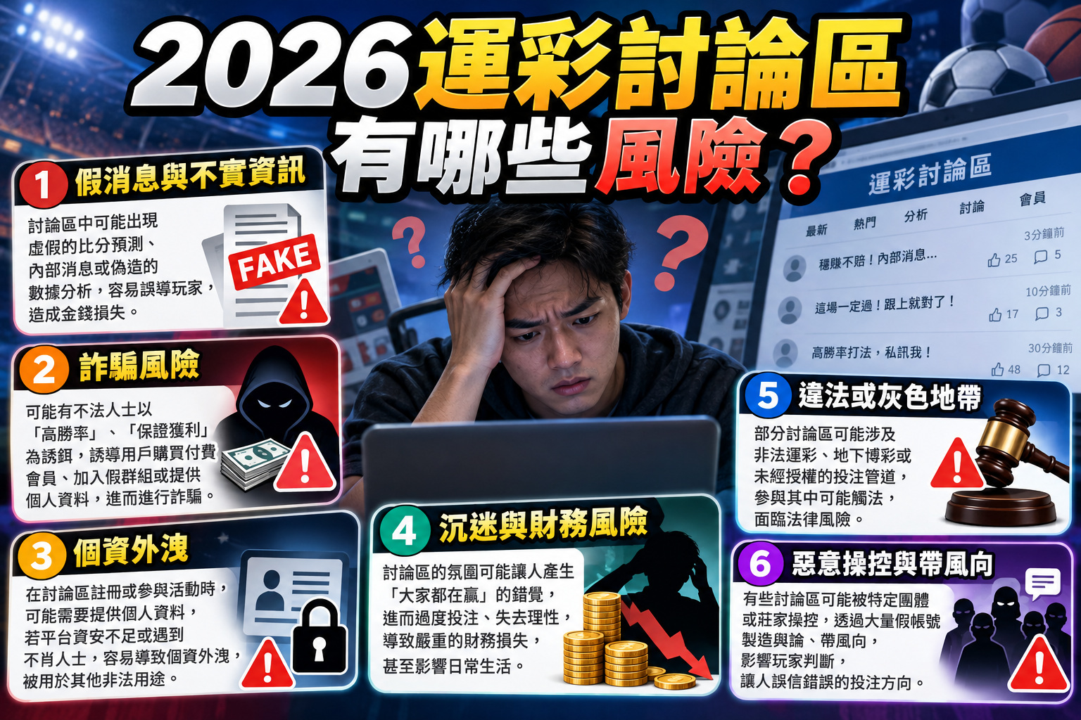 2026運彩討論區潛藏假消息、詐騙陷阱、個資外洩及財務損失等風險，提醒玩家提高警覺。 透過六大風險解析與警示圖示，幫助玩家辨識不實資訊、非法投注管道及惡意操控，保障自身權益與資金安全。