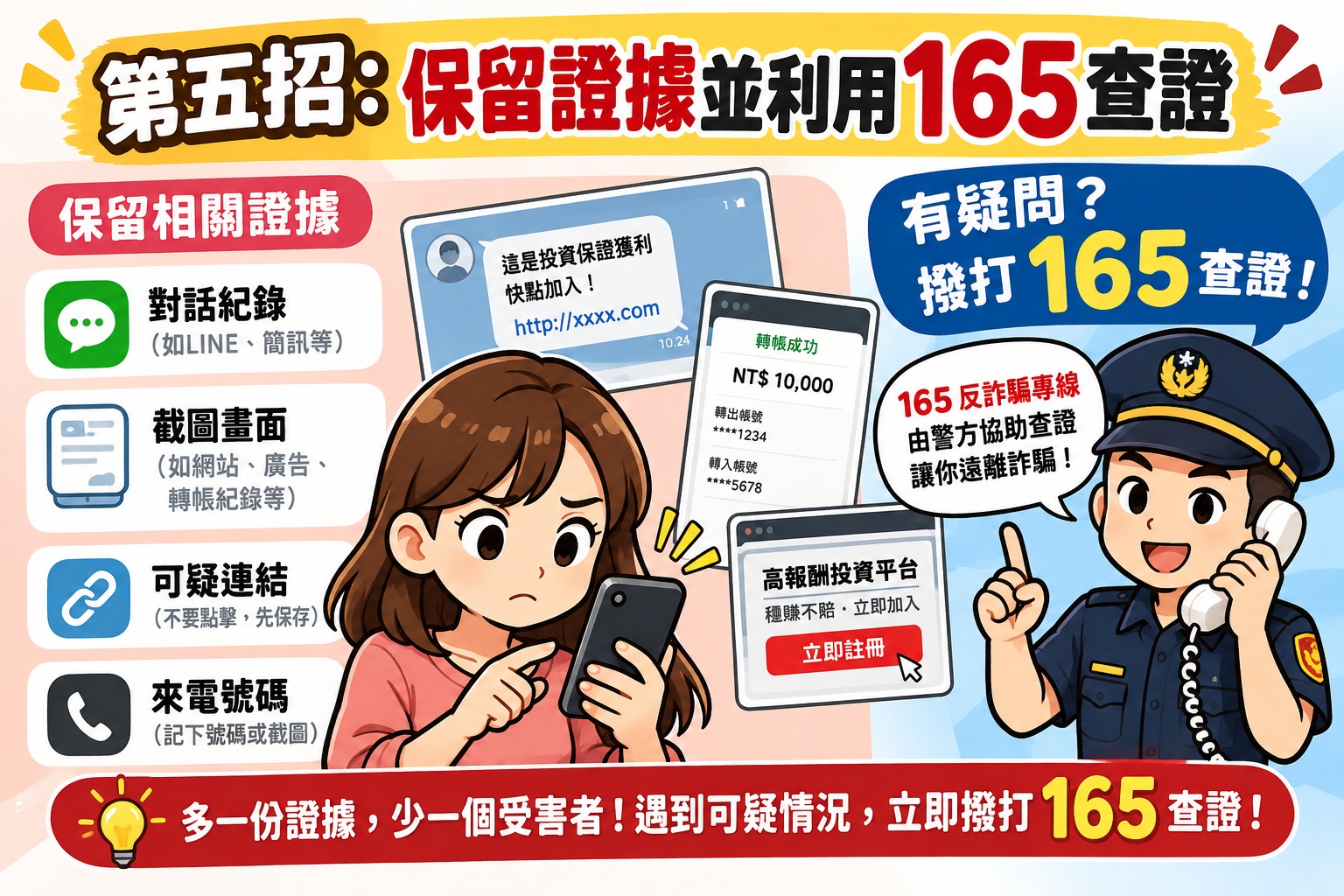 圖片呈現防範網路詐騙的重要步驟，提醒民眾保留對話紀錄、交易截圖、可疑連結及來電號碼等相關證據。 透過撥打165反詐騙專線進行查證，降低受騙風險，保障個人財產與資訊安全。